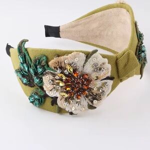Embellished Floral Headband in Olive Green
